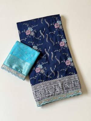 neavy blue sequin embroidery cut lace fitting viscos khaddi creap georgette saree 3