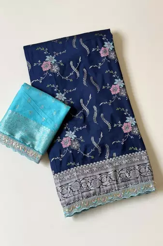 neavy blue sequin embroidery cut lace fitting viscos khaddi creap georgette saree