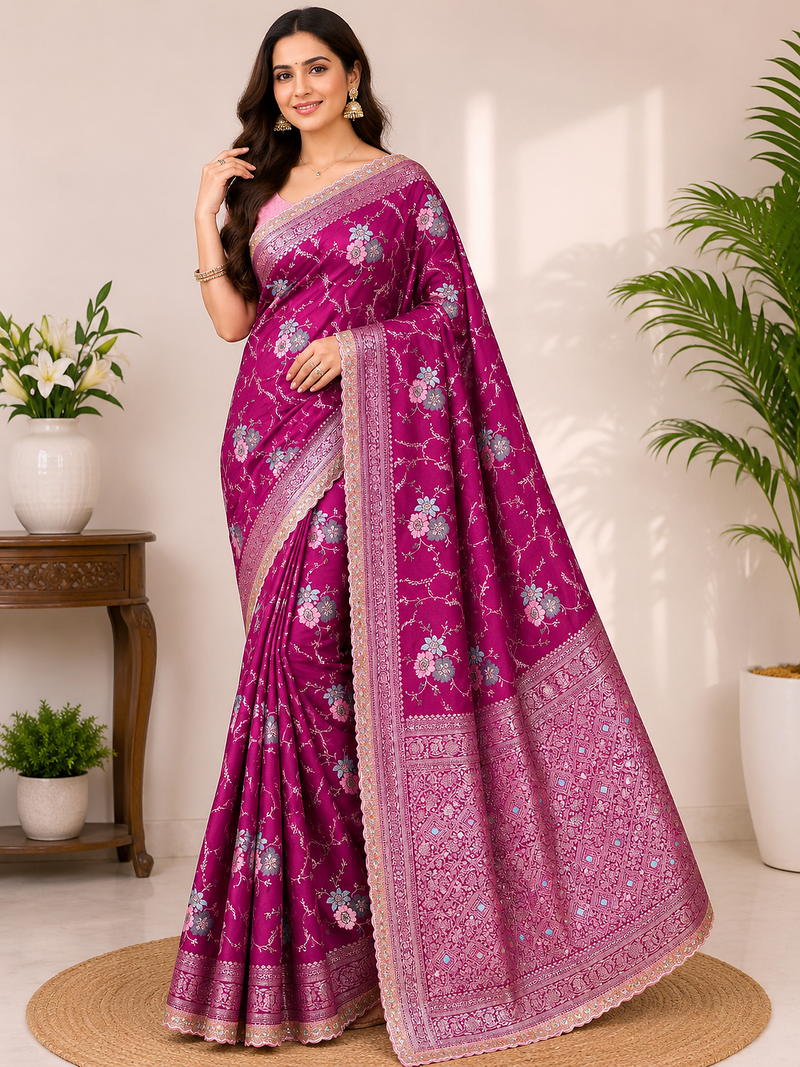 purple sequin embroidery cut lace fitting viscos khaddi creap georgette saree