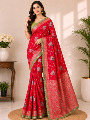 red sequin embroidery cut lace fitting viscos khaddi creap georgette saree 1