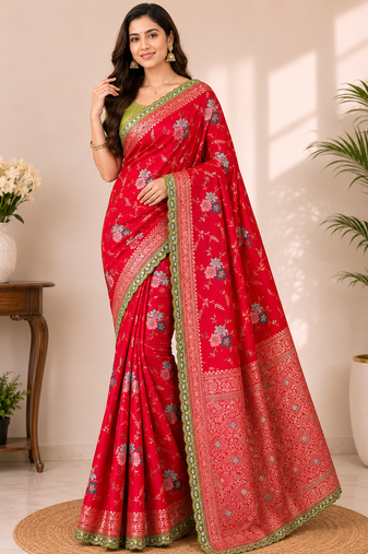 red sequin embroidery cut lace fitting viscos khaddi creap georgette saree