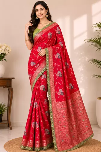red sequin embroidery cut lace fitting viscos khaddi creap georgette saree