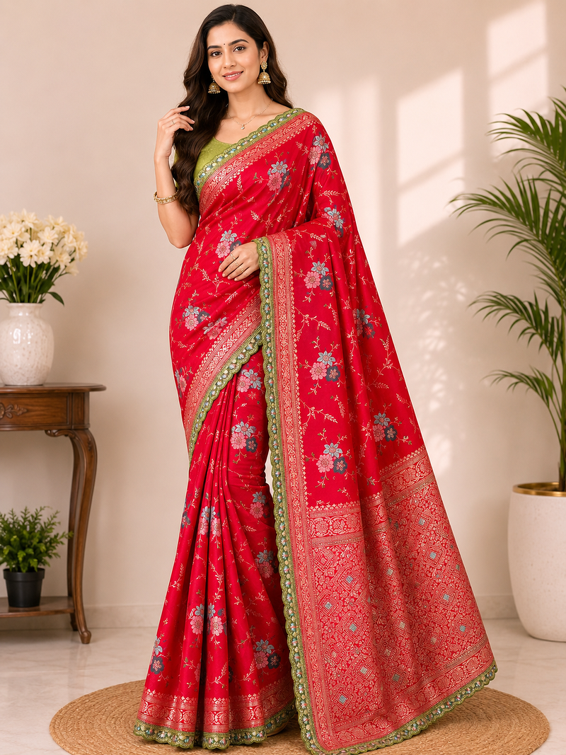 red sequin embroidery cut lace fitting viscos khaddi creap georgette saree