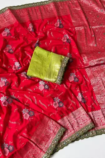 red sequin embroidery cut lace fitting viscos khaddi creap georgette saree