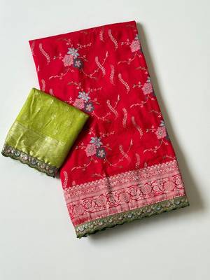 red sequin embroidery cut lace fitting viscos khaddi creap georgette saree 3