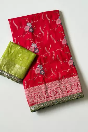 red sequin embroidery cut lace fitting viscos khaddi creap georgette saree