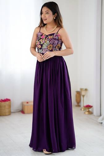 Elegant wine georgette gown featuring multicolor floral embroidered bodice and flowing full-length flared design