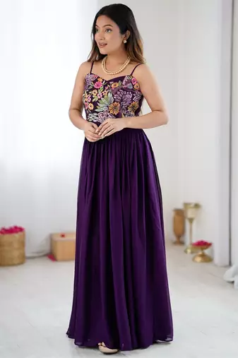 Elegant wine georgette gown featuring multicolor floral embroidered bodice and flowing full-length flared design