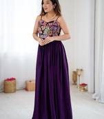 Elegant wine georgette gown featuring multicolor floral embroidered bodice and flowing full-length flared design