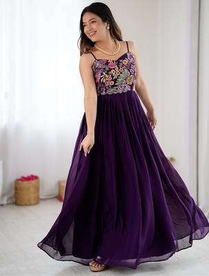 Elegant wine georgette gown featuring multicolor floral embroidered bodice and flowing full-length flared design 2