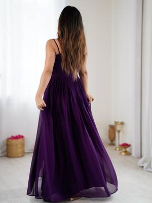 Elegant wine georgette gown featuring multicolor floral embroidered bodice and flowing full-length flared design 3