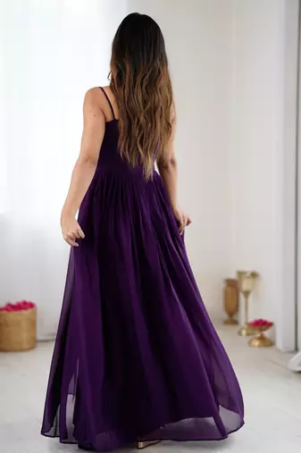 Elegant wine georgette gown featuring multicolor floral embroidered bodice and flowing full-length flared design