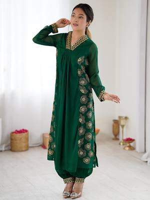 Elegant dark green georgette kurta set with floral embroidery and stylish balloon pants 1