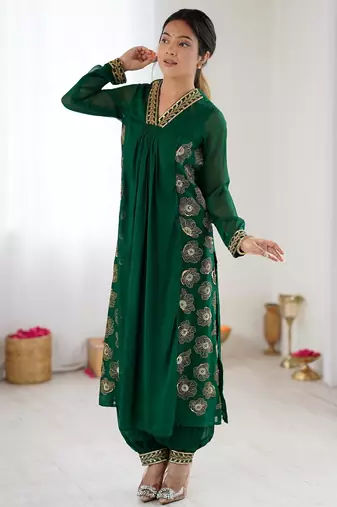 Elegant dark green georgette kurta set with floral embroidery and stylish balloon pants