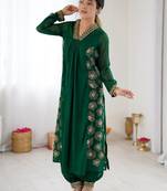 Elegant dark green georgette kurta set with floral embroidery and stylish balloon pants