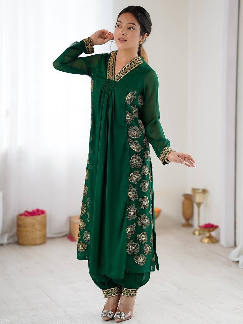 Elegant dark green georgette kurta set with floral embroidery and stylish balloon pants