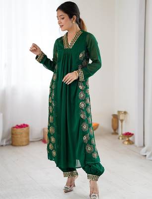 Elegant dark green georgette kurta set with floral embroidery and stylish balloon pants 2