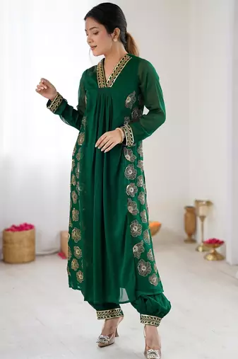 Elegant dark green georgette kurta set with floral embroidery and stylish balloon pants