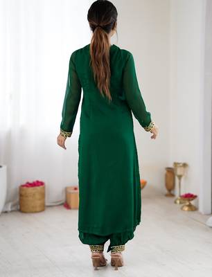 Elegant dark green georgette kurta set with floral embroidery and stylish balloon pants 3
