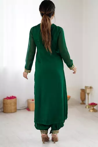Elegant dark green georgette kurta set with floral embroidery and stylish balloon pants