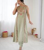 Elegant pista green georgette embroidered straight kurta with coordinated tapered pants set