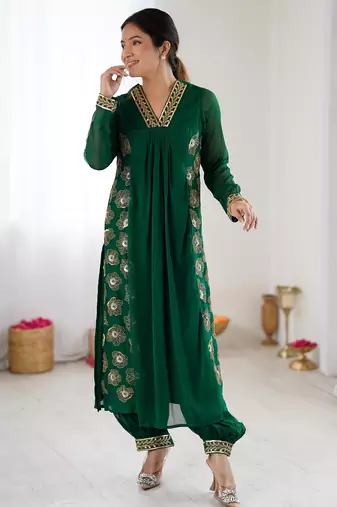 Elegant dark green georgette kurta set with floral embroidery and stylish balloon pants