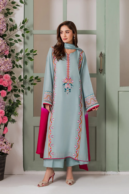 Women's Gorgeous Thread Work French Crepe Fabric Straight Kurta Palazzo and Dupatta Set 1