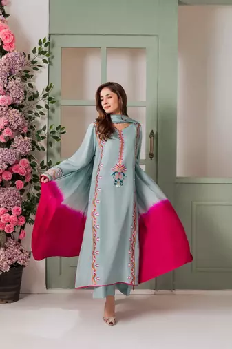 Women's Gorgeous Thread Work French Crepe Fabric Straight Kurta Palazzo and Dupatta Set