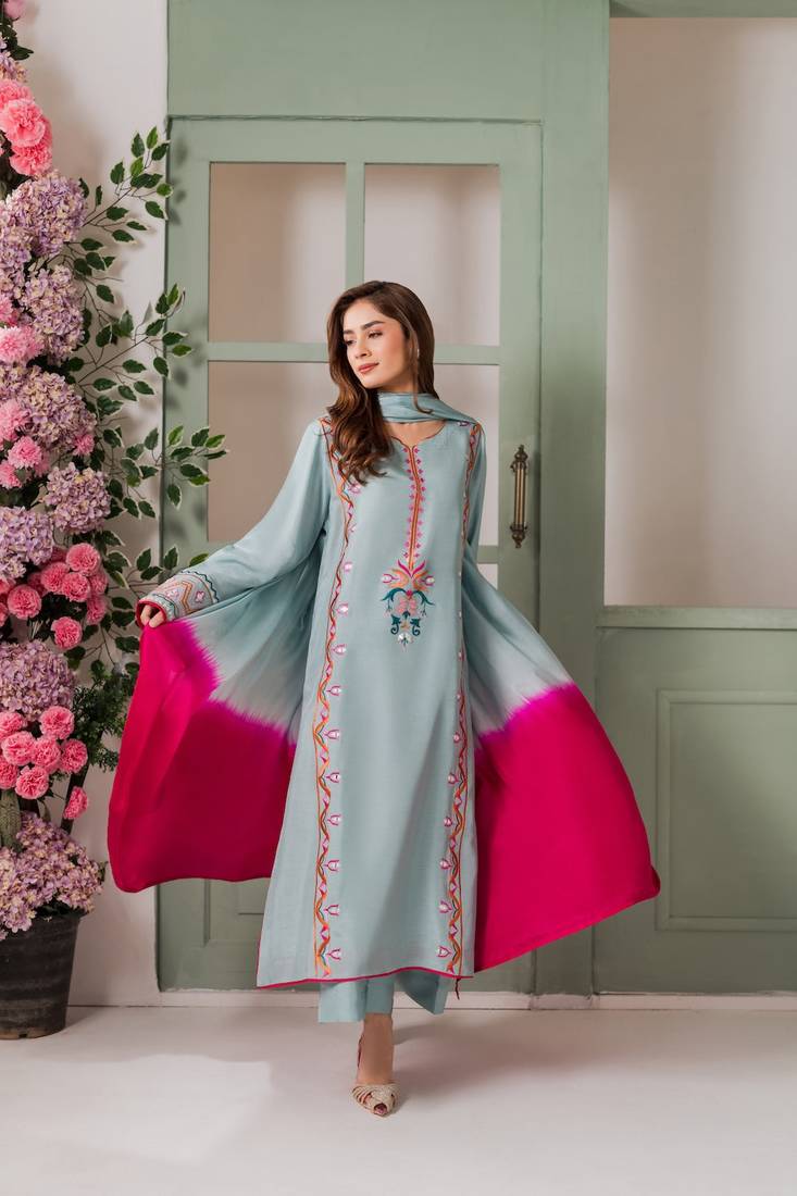 Women's Gorgeous Thread Work French Crepe Fabric Straight Kurta Palazzo and Dupatta Set