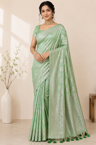 light green tassels on pallu a with border khaddi crep georgette saree