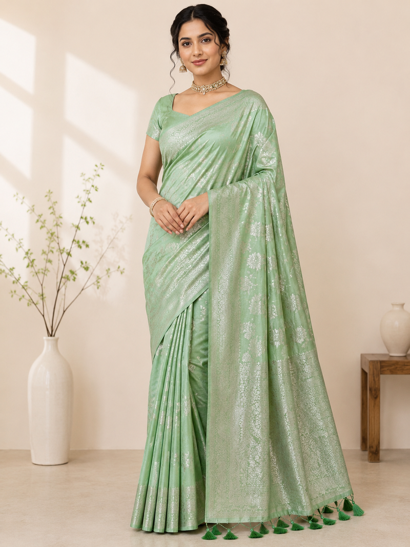 light green tassels on pallu a with border khaddi crep georgette saree