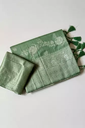 light green tassels on pallu a with border khaddi crep georgette saree