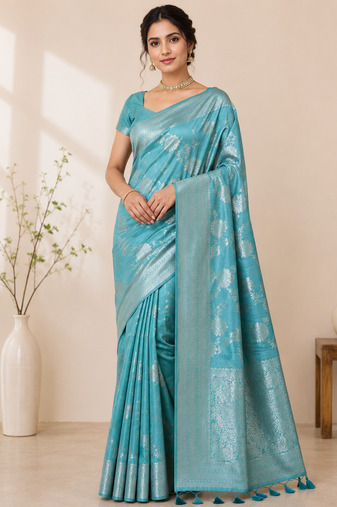 sky blue tassels on pallu a with border khaddi crep georgette saree