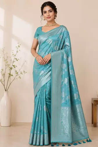sky blue tassels on pallu a with border khaddi crep georgette saree