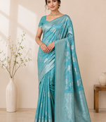 sky blue tassels on pallu a with border khaddi crep georgette saree
