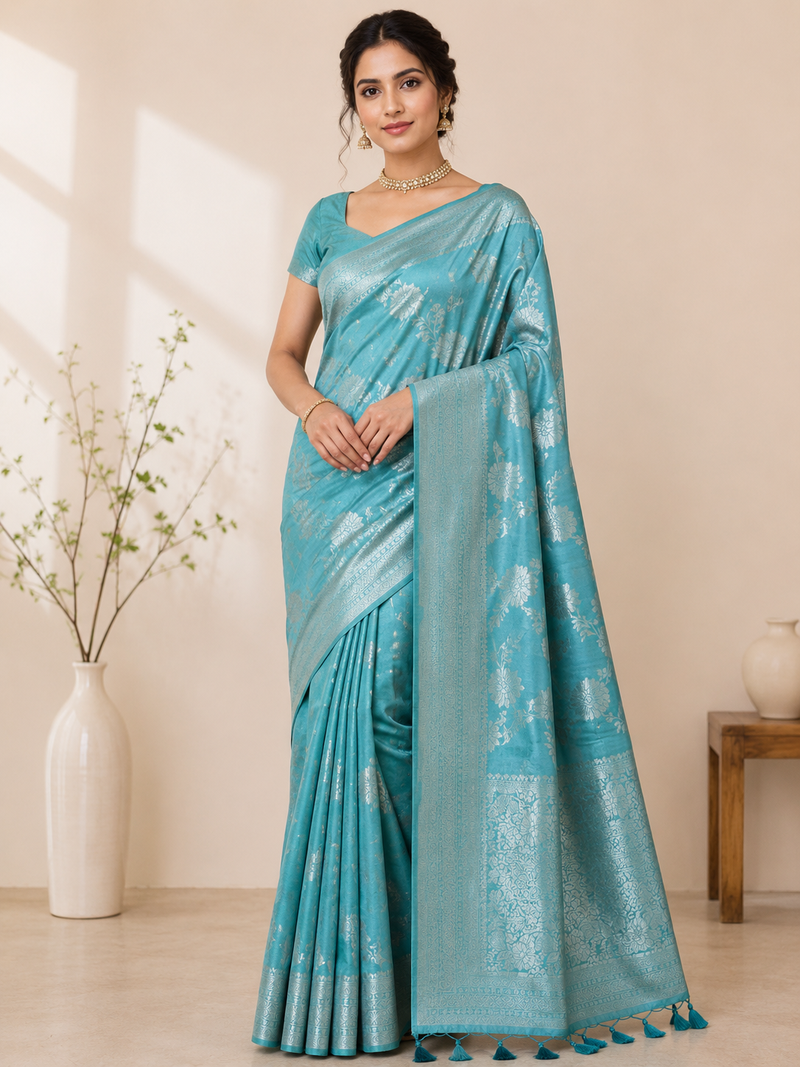 sky blue tassels on pallu a with border khaddi crep georgette saree