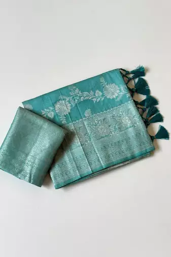 sky blue tassels on pallu a with border khaddi crep georgette saree
