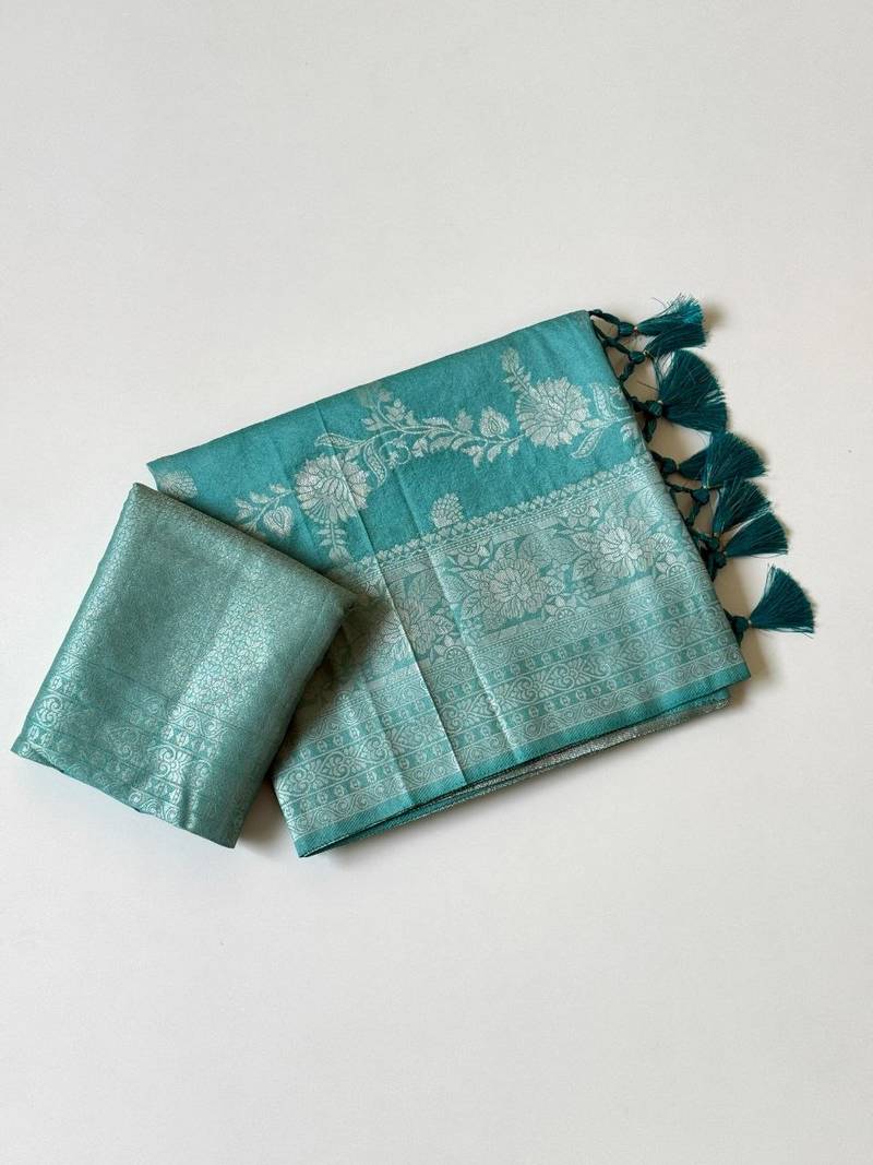 sky blue tassels on pallu a with border khaddi crep georgette saree
