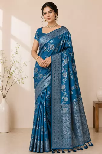 teal tassels on pallu a with border khaddi crep georgette saree