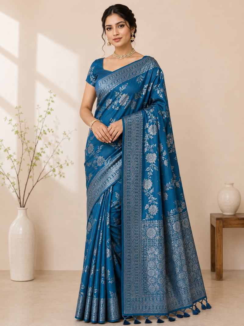 teal tassels on pallu a with border khaddi crep georgette saree