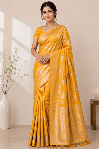 yellow tassels on pallu a with border khaddi crep georgette saree