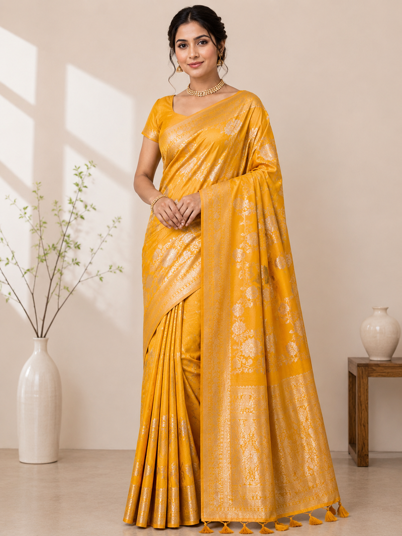 yellow tassels on pallu a with border khaddi crep georgette saree