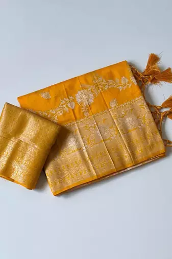 yellow tassels on pallu a with border khaddi crep georgette saree