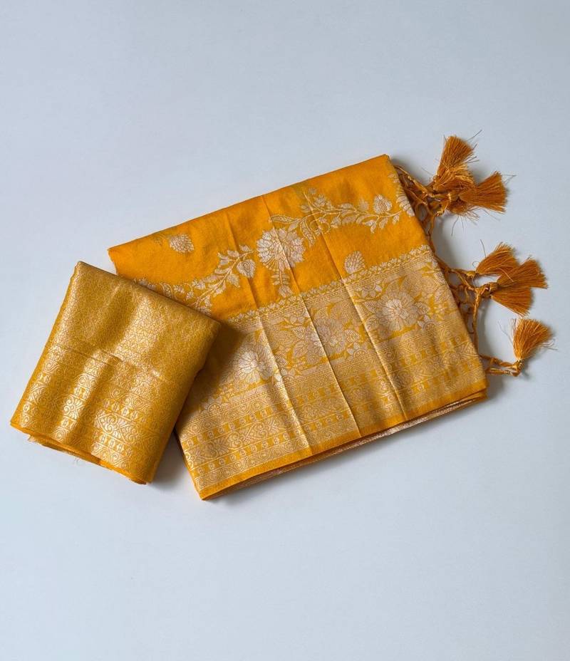yellow tassels on pallu a with border khaddi crep georgette saree