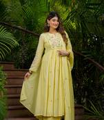 Women's Gorgeous Thread Work Chanderi Silk Fabric Flared Kurta Pant and Dupatta Set