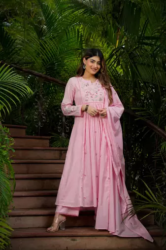 Women's Gorgeous Thread Work Chanderi Silk Fabric Flared Kurta Pant and Dupatta Set