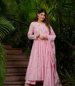 Women's Gorgeous Thread Work Chanderi Silk Fabric Flared Kurta Pant and Dupatta Set