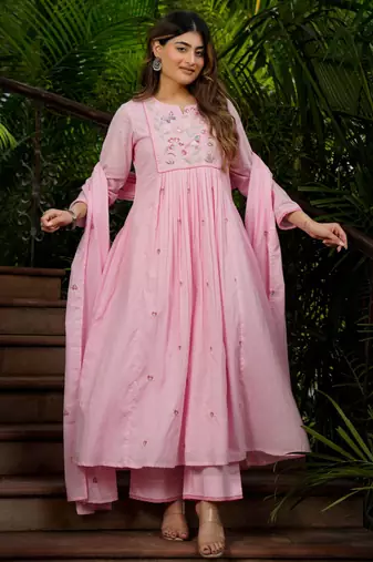 Women's Gorgeous Thread Work Chanderi Silk Fabric Flared Kurta Pant and Dupatta Set