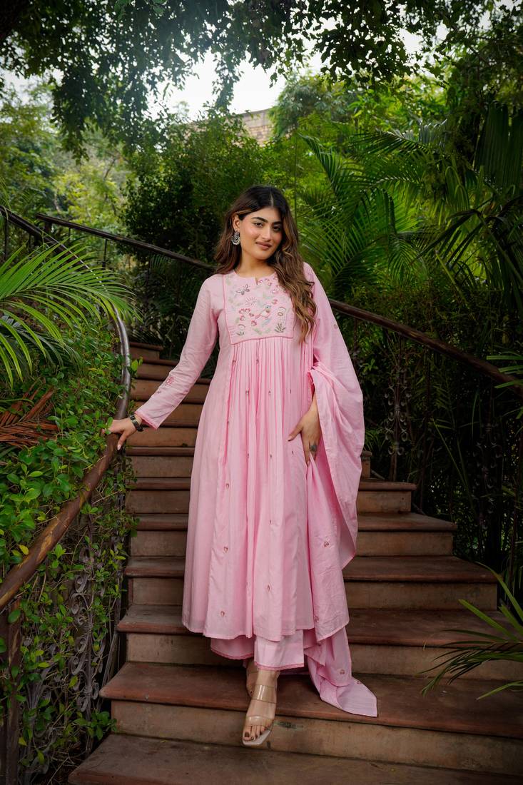 Women's Gorgeous Thread Work Chanderi Silk Fabric Flared Kurta Pant and Dupatta Set