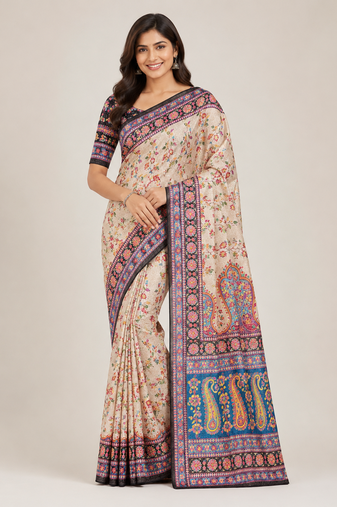 cream-black printed pasmina print with dori fitting silk jaqurad saree